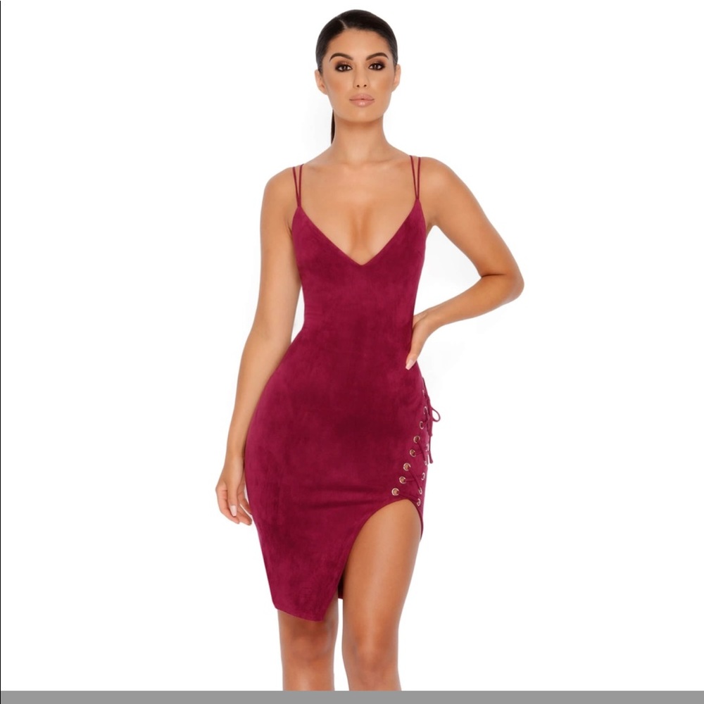 BNWT OH POLLY SUEDE KNEE LENGTH DRESS Sexy Christmas NYE party US 2 BERRY New
